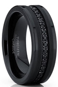 Mens Genuine Tungsten Black Wedding Band Eternity Ring Cubic Zirconia Comfort-Fit